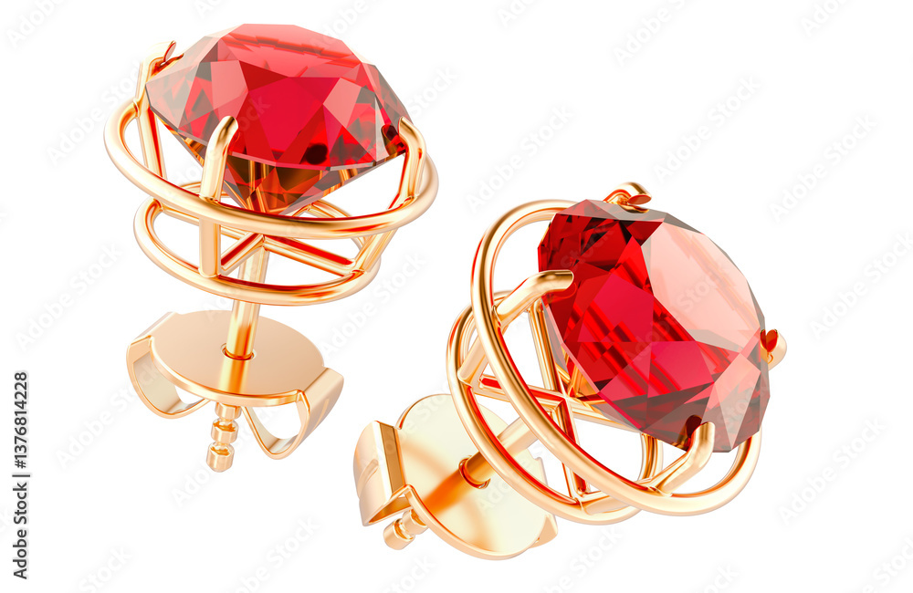 Poster golden stud earrings with red gems. ruby, rhodolite or garnet. 3d rendering isolated on transparent 
