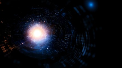 Glowing light at end of digital tunnel with binary code pattern and blue technology elements creating futuristic cyber pathway in dark space.