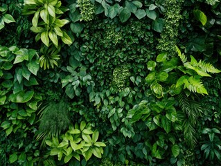 Fototapeta premium A vertical garden of dense tropical foliage and vibrant leaves.