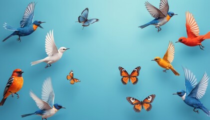Vibrant collage of birds, butterflies against blue background. Colorful birds with spread wings flying with butterflies in air. Artwork for posters textiles, decor, patterns, wallpaper, greeting