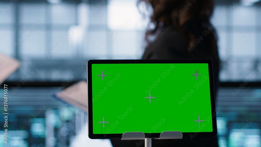 Poster close up of chroma key tablet next to server room data scientists conducting security audits, preven