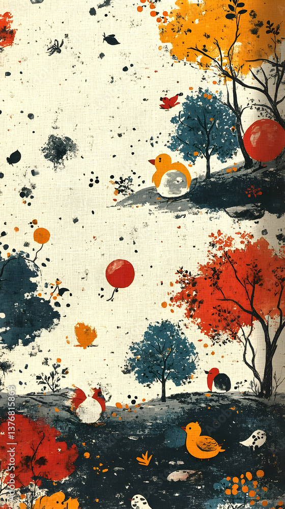 Poster whimsical birds and trees adorn a textured landscape punctuated by floating spheres and splatters in