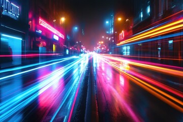Fototapeta premium Vibrant light trails illuminate a bustling city street at night in a rainy atmosphere