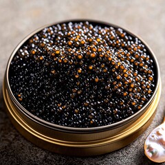 Hyperrealistic HDR image of Imperial Beluga caviar rich glossy black pearl shimmering inside elegant tin reflection of golden light playing off their smooth surface fine mother of pearl spoon resting