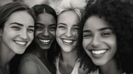 Fototapeta premium Group of six women, smiling and hugging each other in a joyful moment