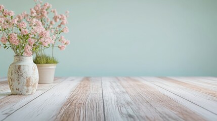 Wooden Tabletop with Rustic Floral Decor and Pastel Wall