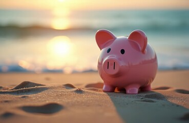 Pink piggy bank standing on sand at beach. Concept save money for vacation. Financial planning, future, investment, savings, retirement, finance, deposit, cash.