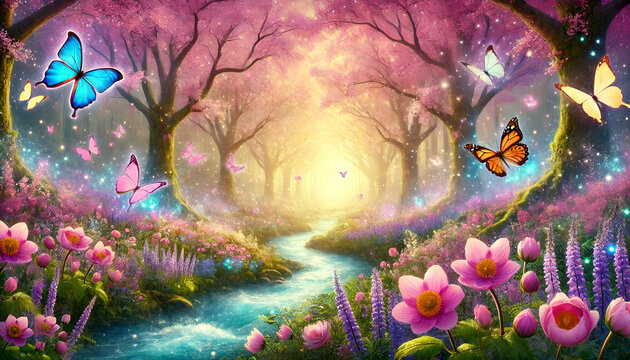Bosque primaveral de cuento de hadas con flores y mariposas