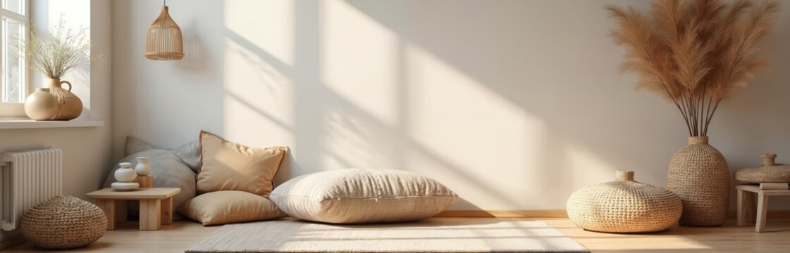 Serene room corner. Interior decor with meditation elements. Warm colors create peaceful atmosphere. Zen space with zen ornaments, natural elements invite relaxation. Home apartment. Calm lifestyle.