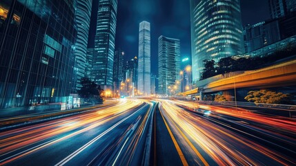 Obraz premium Lively city skyline at night, with bustling highway and streaking vehicle lights.