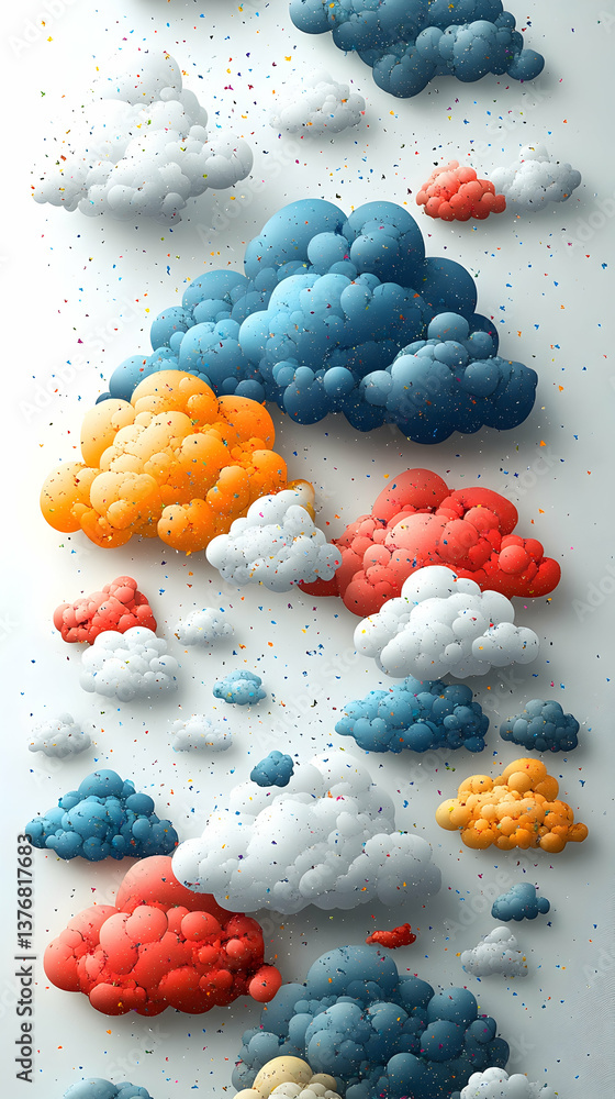 Poster whimsical colorful clouds float in a playful sky enhanced by confetti-like specks creating a bright 