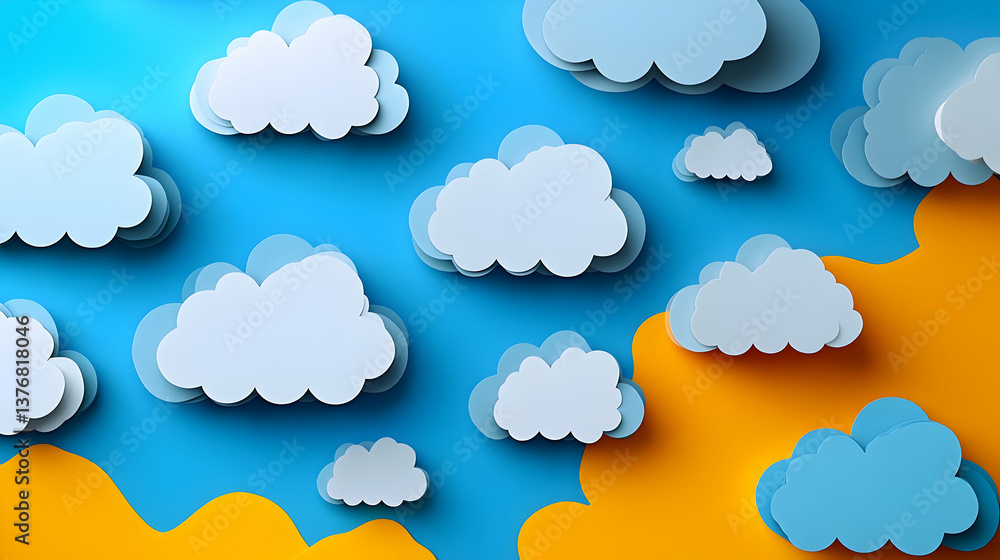 Poster whimsical flat lay of layered clouds in blue sky with orange ground creating a vibrant playful and d