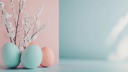 Minimal pastel Easter eggs with cherry blossoms on pink and blue gradient background