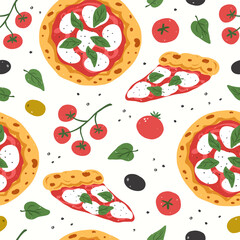 Modern seamless pattern with italian pizza and various ingredients. Pizza Margherita and pieces with tomato, cheese mozzarella, basil and olives. Hand drawn vector illustration.