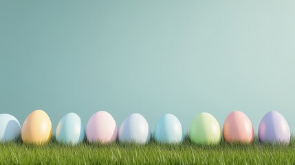 Fototapeta premium Pastel Easter Eggs in Grass with Minimal Blue Backdrop