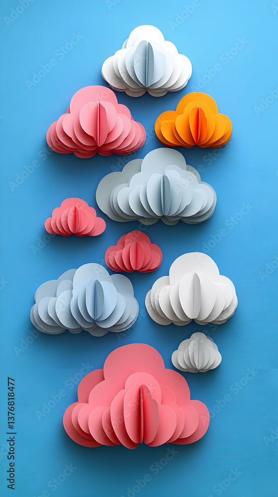 Poster whimsical layered clouds in a vertical arrangement against a blue backdrop creating a vibrant and pl