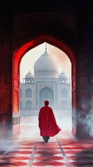 Person walks towards a mausoleum through a red archway. Foggy background