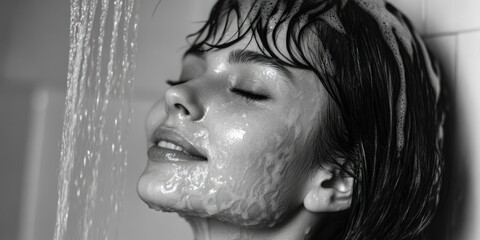Fototapeta premium A woman smiling as she takes a shower, her skin glistening with water. Bathroom setting with modern fixtures.