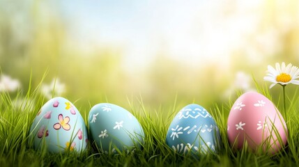 Easter eggs with floral patterns in green spring meadow