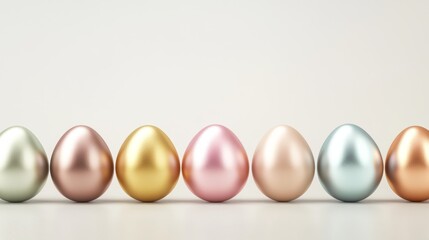 Metallic pastel Easter eggs in minimalistic row on light beige background