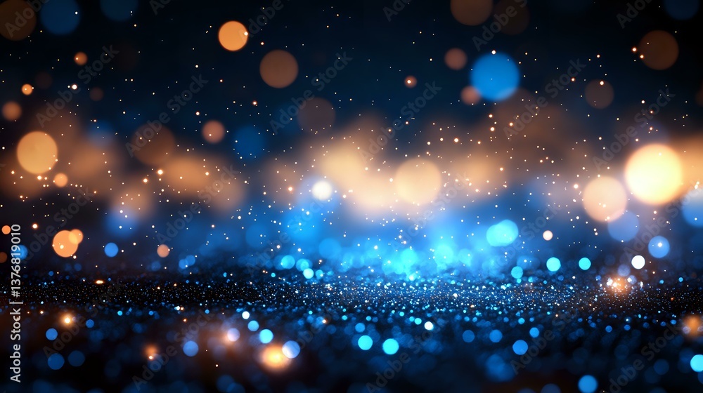Poster magical glowing blue and gold bokeh lights on dark background with sparkle effect and defocused part