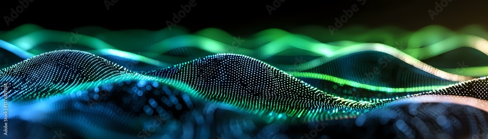 Poster abstract digital wave pattern with glowing turquoise and blue particles forming flowing curves again