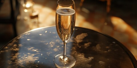 A single champagne glass with bubbles, elegant in its simplicity, suggests a celebratory or sophisticated occasion.