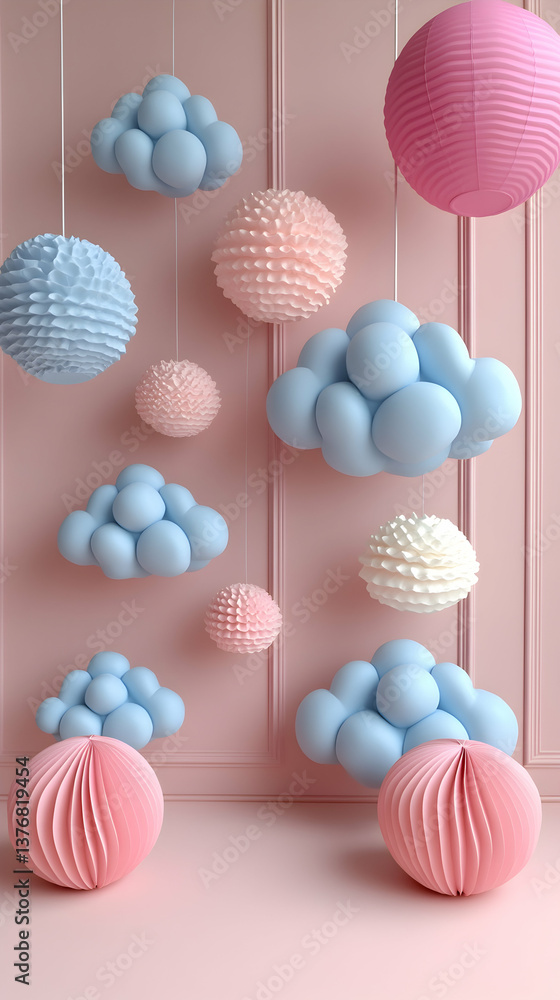 Poster whimsical pastel decor featuring clouds and paper lanterns on a pink background creating a soft and 