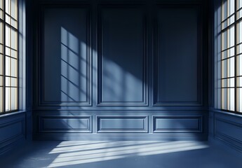 Obraz premium Empty classic room interior with blue walls, decorative molding panels, and dramatic window light casting geometric shadows across floor and wall surface.