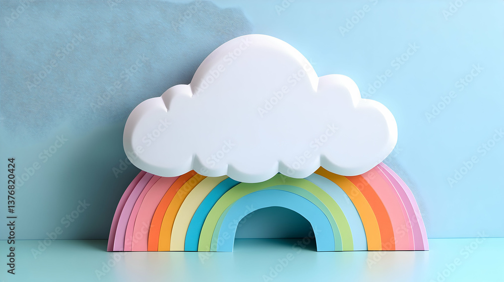 Poster whimsical pastel rainbow with a puffy cloud soft colors against a textured blue backdrop creating a 