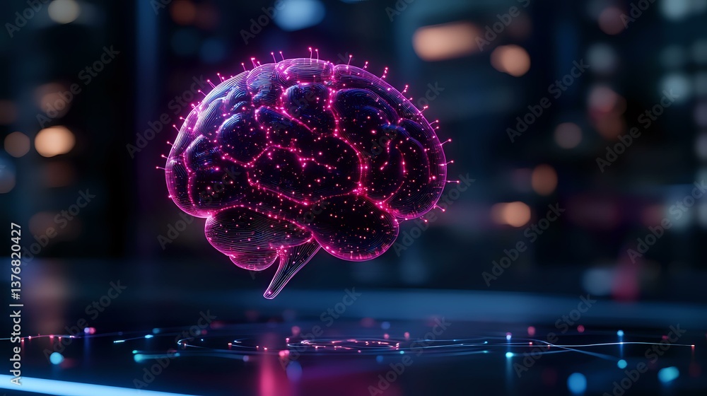 Poster glowing purple brain with neural connections floating over reflective surface against dark backgroun
