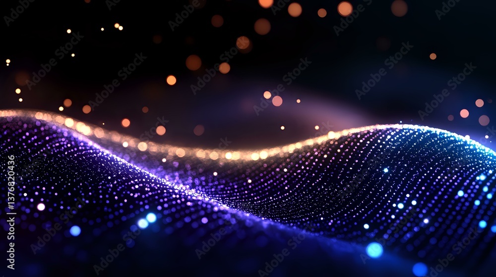 Poster glowing wave of connected particles with purple and blue light effects on dark background, abstract 
