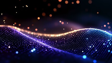 Glowing wave of connected particles with purple and blue light effects on dark background, abstract digital network visualization for technology concepts.