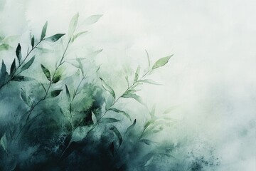 Watercolor painting of bamboo leaves in fall colors with mist and overcast sky.