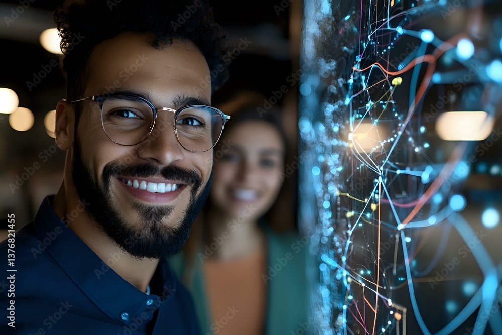 Poster young middle eastern professional with glasses and beard smiling next to futuristic digital network 