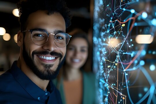 Young Middle Eastern professional with glasses and beard smiling next to futuristic digital network visualization display showing connected nodes and data points.