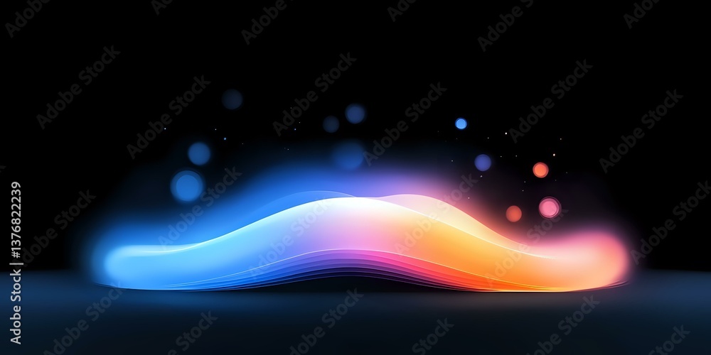 Poster glowing abstract wave form with gradient colors from blue to orange on black background, floating li