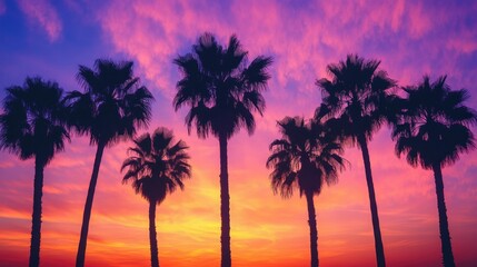 Sky with golden hues, silhouette of palm trees at sunset over water.