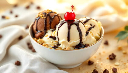 A decadent sundae, a delightful symphony of vanilla ice cream, chocolate sauce, and crunchy peanuts, garnished with a vibrant cherry, rests in a pristine white bowl.  
