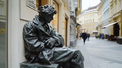 Naklejka premium Bronze statue of a seated man in a european city street art and urban sculpture for travel photography