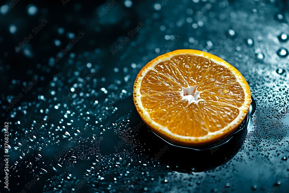 Poster fresh orange slice on dark wet surface with water drops and bokeh lights creating dramatic mood for 