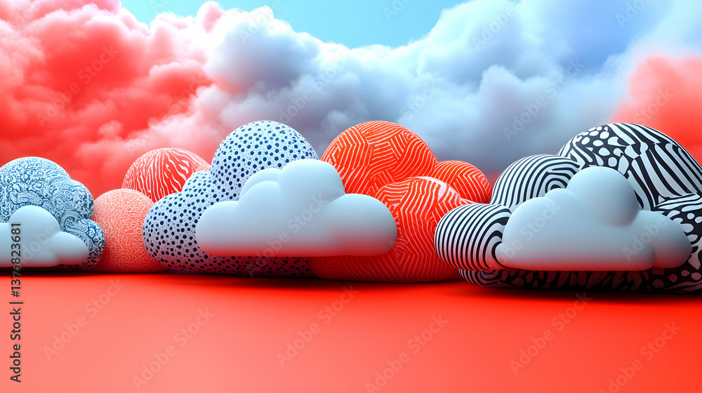 Poster whimsical scene with patterned orbs and fluffy clouds against a colorful sky and a vibrant red backg