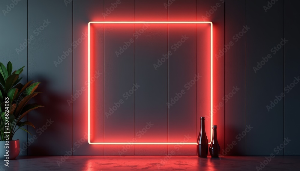 Poster neon light square frame with bottles against dark wall