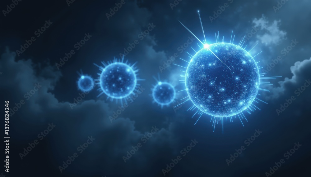 Poster abstract glowing particles floating in dark clouds