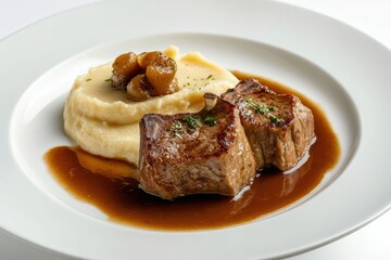A hearty meal featuring succulent steak, smooth mashed potatoes and rich gravy. The perfect dish for a satisfying dinner.