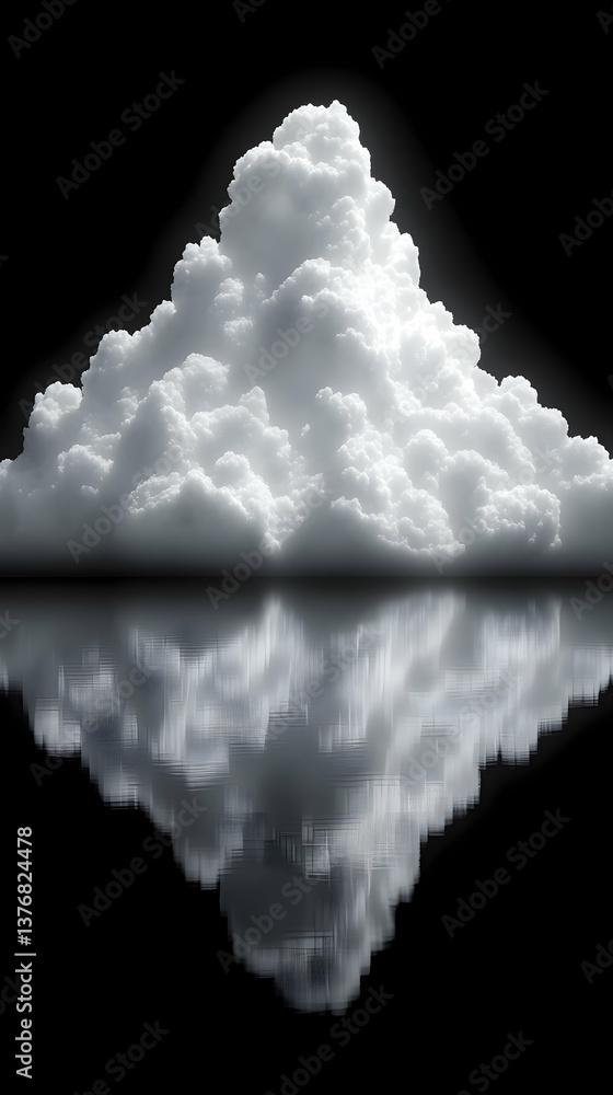 Poster white cumulus cloud reflecting on a dark surface creating a mirror image on a black background