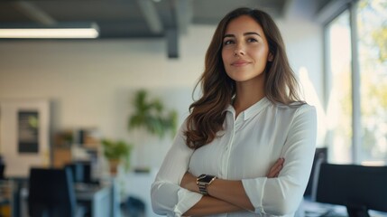 Young woman in business attire with arms crossed, standing confidently in an office