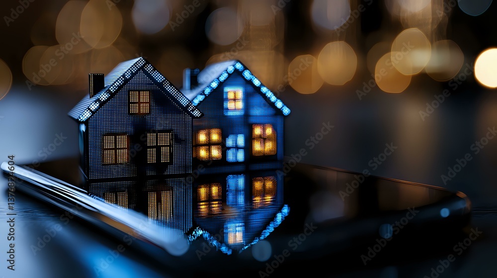 Poster miniature houses with glowing windows and led lights reflecting on dark surface, creating magical bo