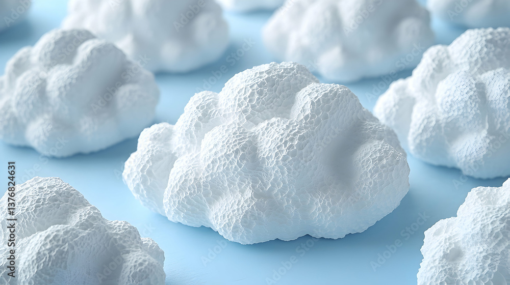 Poster white fluffy textured clouds float on light blue gentle light and shadow add depth and dimension min