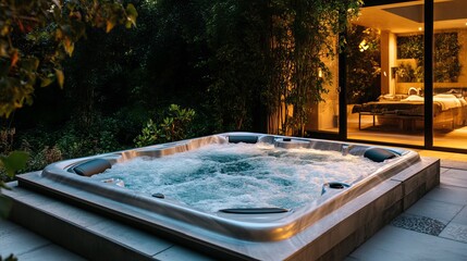 Backyard hot tub spa with bubbling water and luxury outdoor massage room for relaxation and wellness